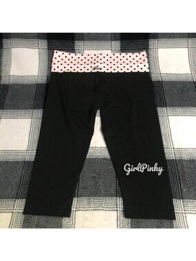 VS PINK ALL DAY COTTON FOLDOVER CAPRI LEGGINGS IN BLACK & PINK TULIP DOT L & XL